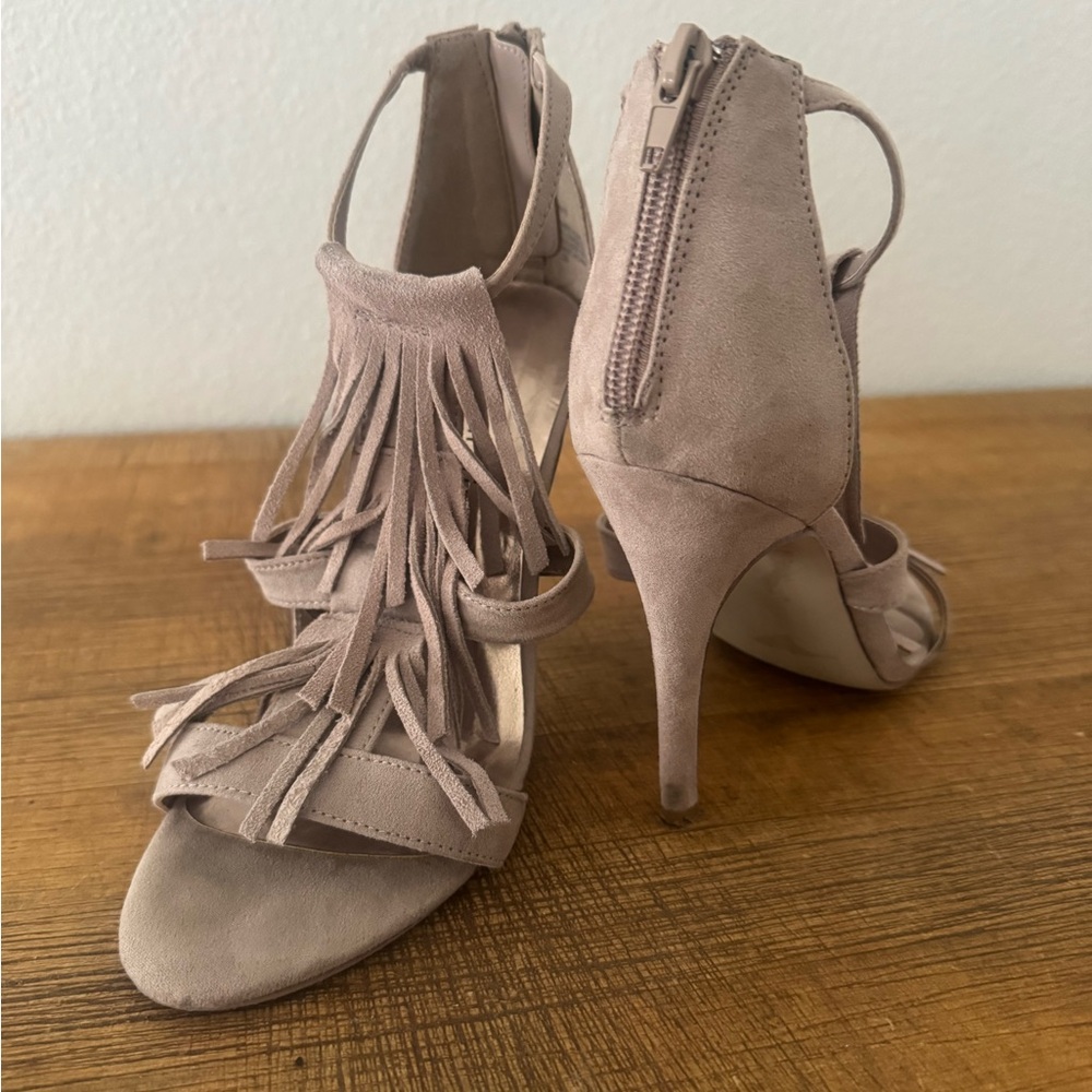 Fringe Suede Stiletto Sandals - Taupe